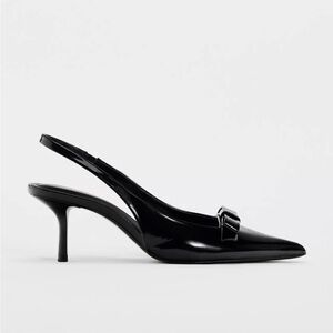 Zara Glossy Black Slingback Kitten Heels